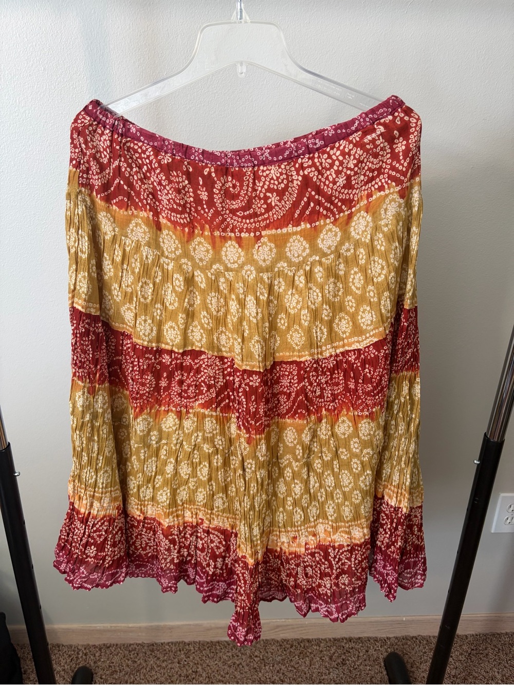 Vintage Y2K Bohemian Tiered Maxi Skirt in Rust and Mustard Bleach Prints